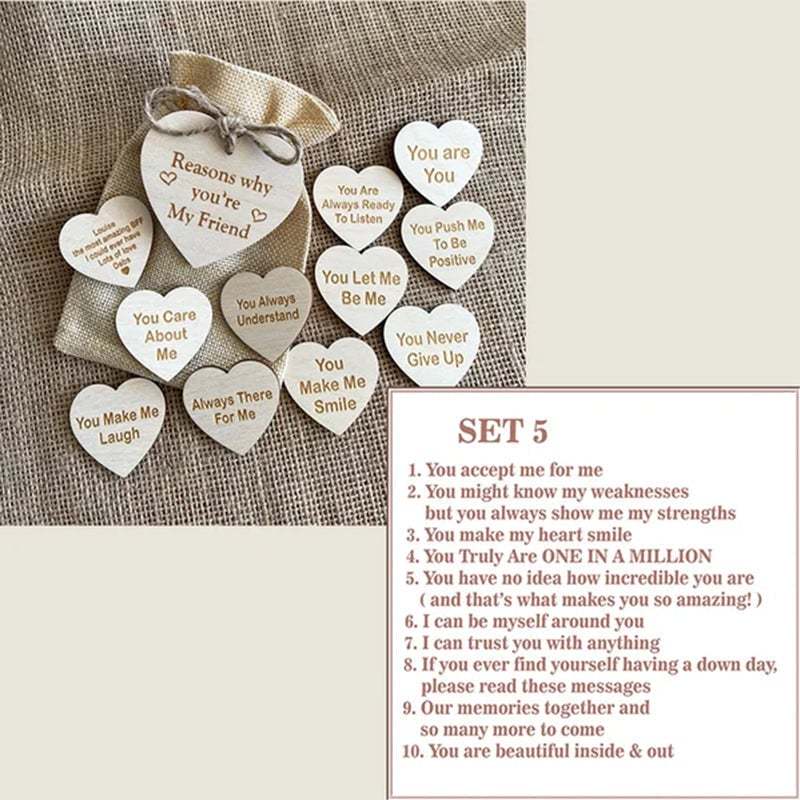 "Redenen Waarom je Mijn Vriend Bent" Houten Hartjes (10 Stuks)